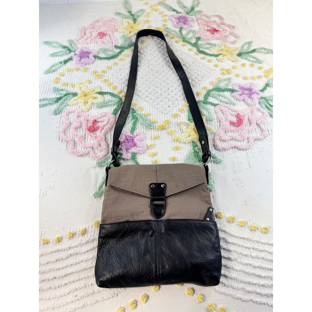 Ellington Crossbody Bag Taupe Canvas Black Pebbled Leather Messenger Purse